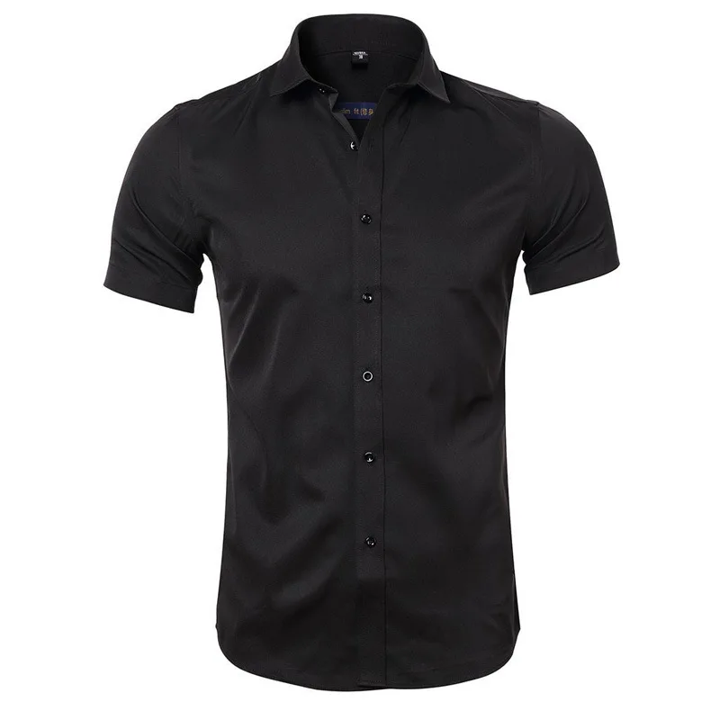 Gray Elastic Bamboo Fiber Shirt Men Brand Summer Short Sleeve Mens Dress Shirts Non Iron Easy Care Business Work Chemise Homme