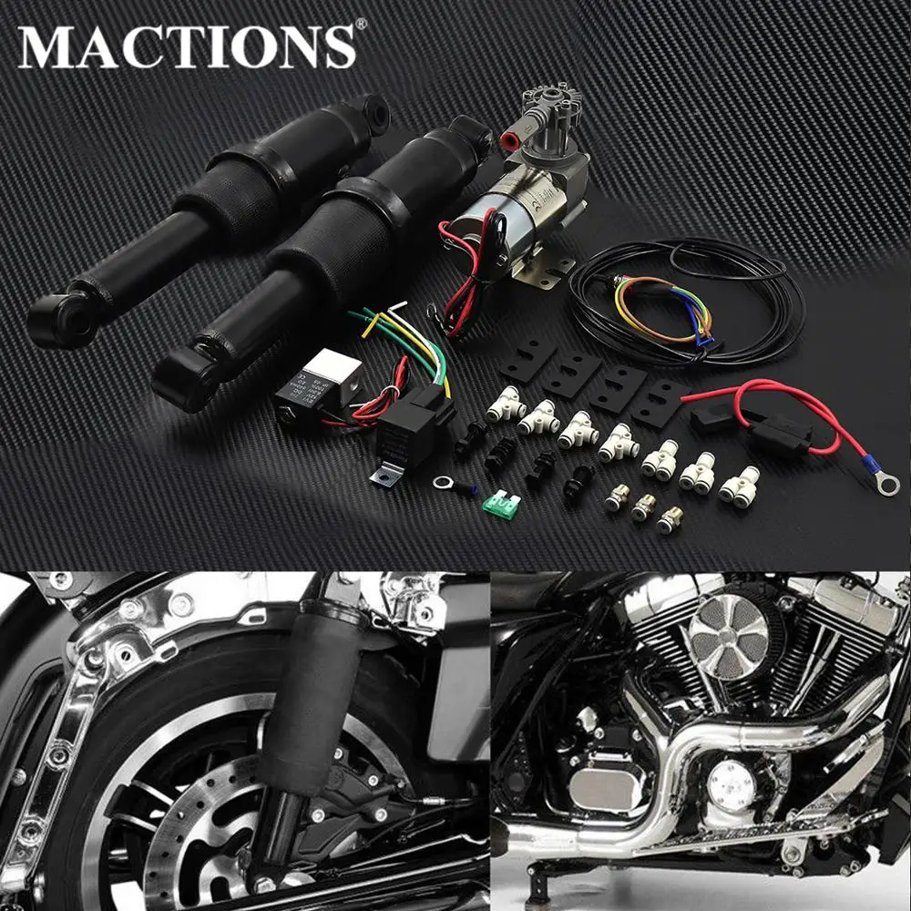 

Motorcycle Black Adjustable Rear Air Ride Suspension Kit For Harley Touring Road King Street Glide Electra Tour Glides 94-2019