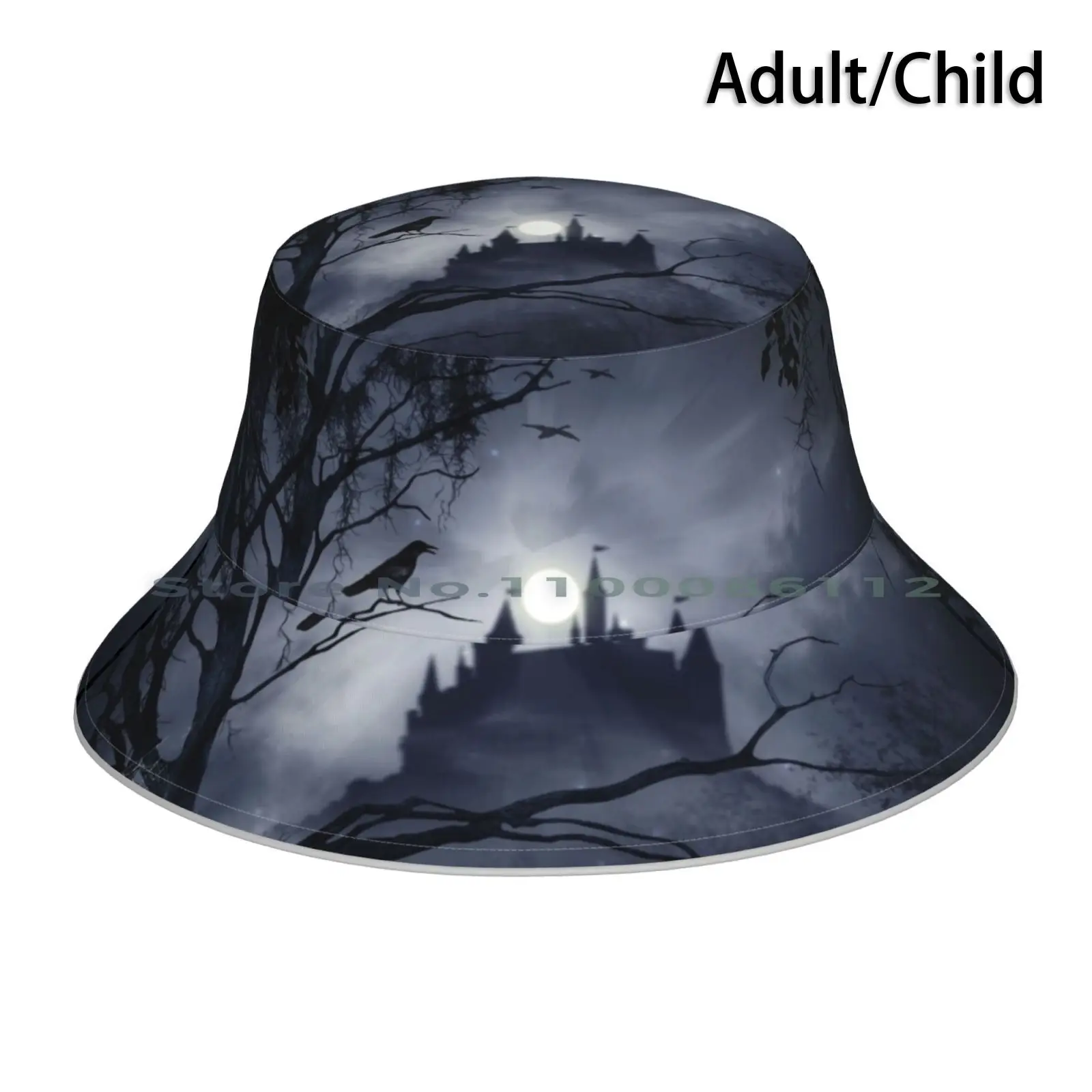 Gothic Night Fantasy Bucket Hat Sun Cap Birds Castle Cobwebs Corvus Crow Dark Fantasy Fog Full Moon Gothic Halloween Mist