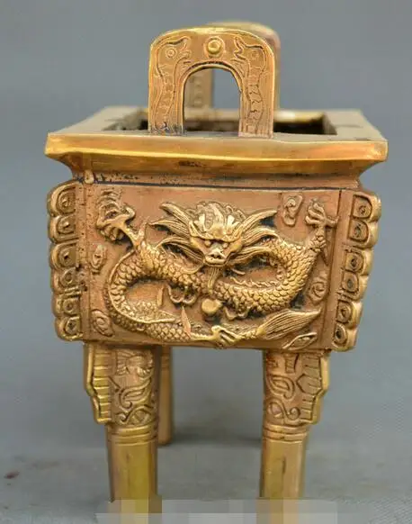 China old Bronze two dragon Opera beads tripod ding Statue incense burner censer