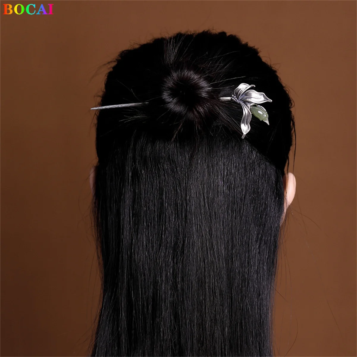 Imagem -05 - Bocai S925 Prata Esterlina Acessórios para o Cabelo Retro Flor Hetian Jade Headdress Puro Argentum Hairpin Charme Jóias para Mulher