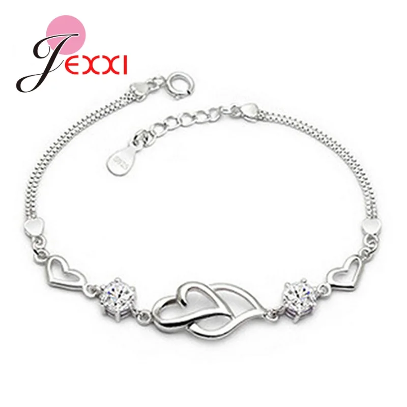 New Fashion Shiny CZ Bracelets For Girls 925 Sterling Silver Hearts Pendant Bracelet Bangles Adjustable Size Women Hand Chain