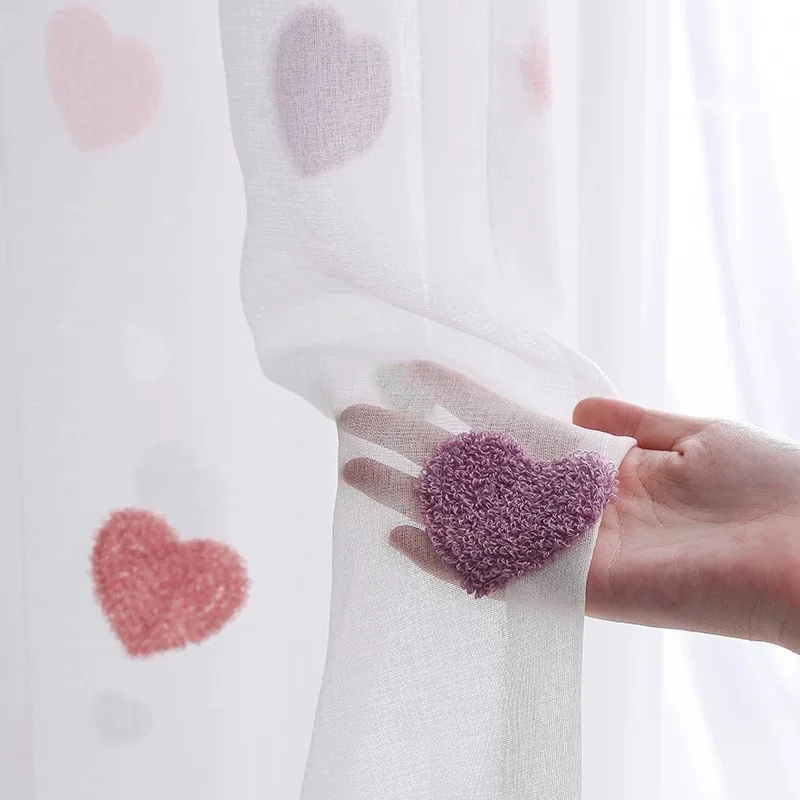 Adorável dos desenhos animados 3D Pink Heart Bordado Tule, cortinas para crianças, sala de estar, quarto, bonito, cortinas personalizadas