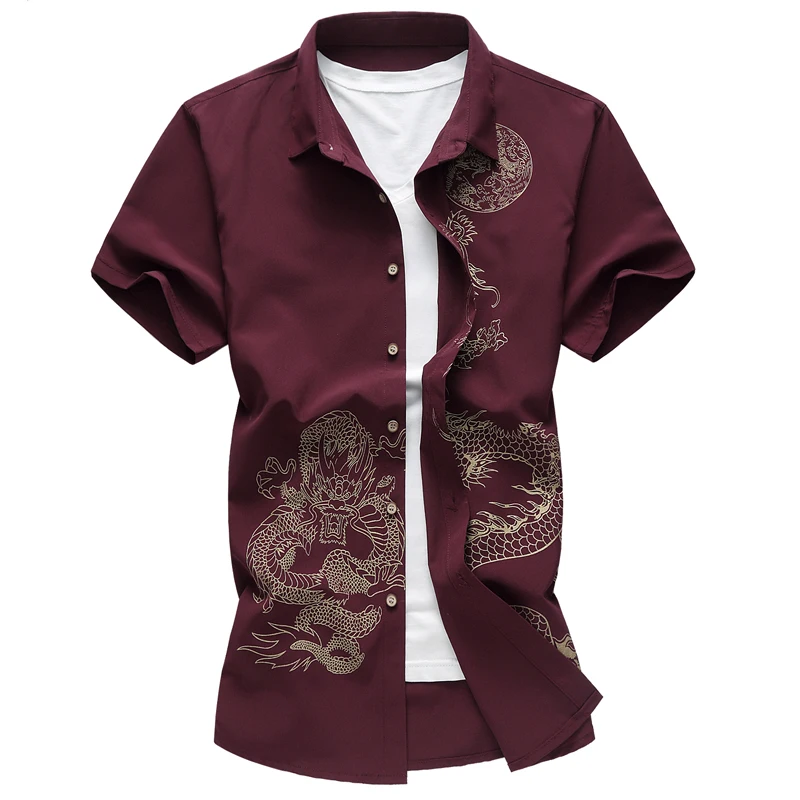 Chinese Style Summer Short Sleeve Shirt, Printed Dragon Shirts, Business Casual Wine Red Blue Black Men Camisa Party Wedding