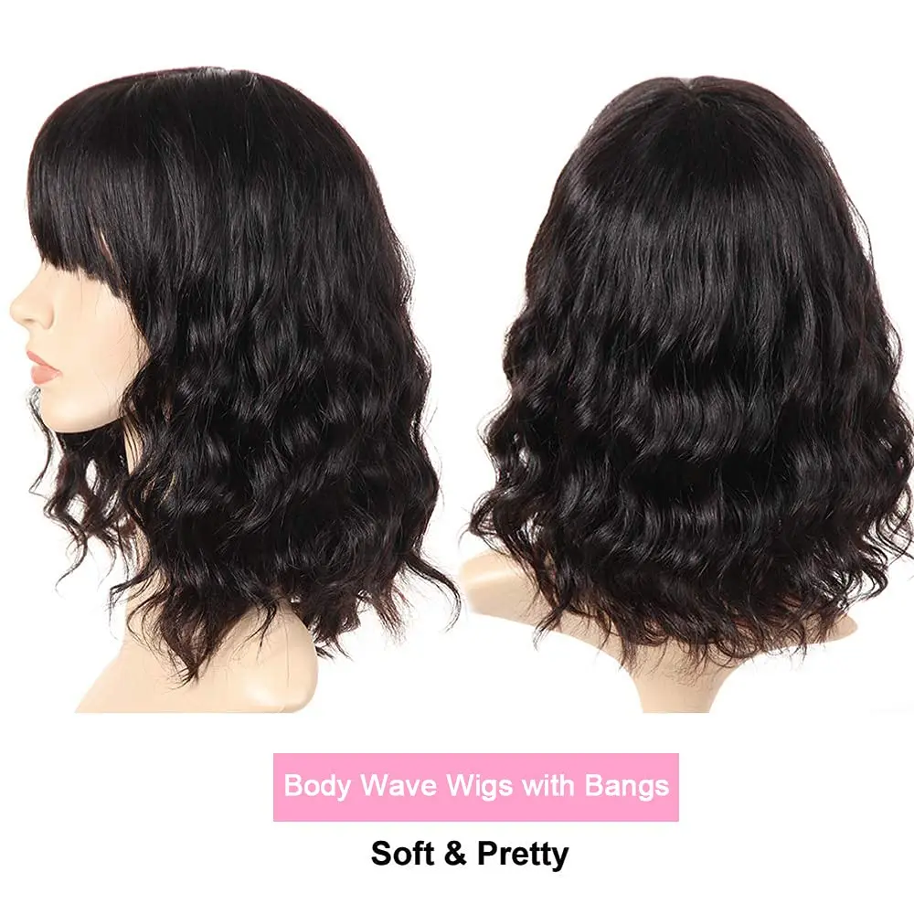 Perucas de cabelo humano curto com franja para preto feminino brasileiro bob peruca solta onda do corpo cor natural peruca cabelo super idoi