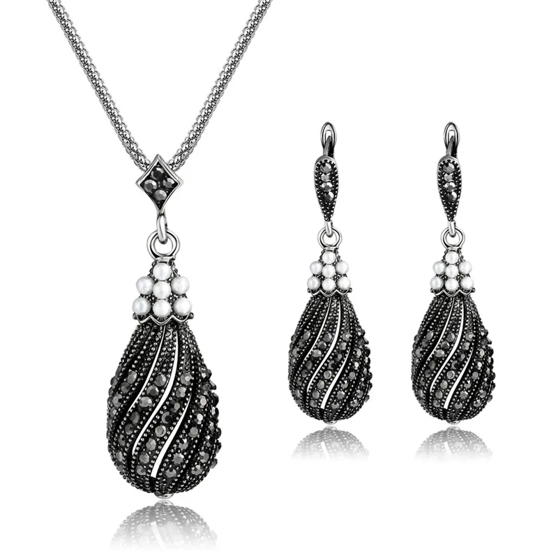 Vintage Elegant Silver Plated Black Zircon Crystal Geometric Pendant Necklace Drop Earring for Women Wedding Jewelry Sets