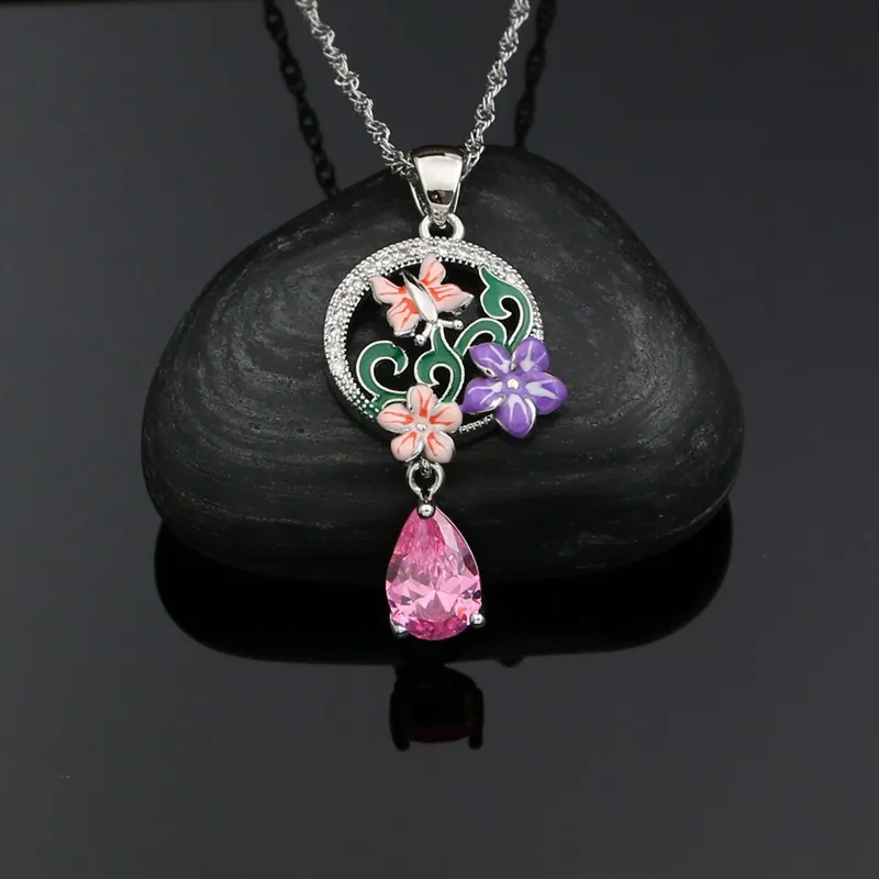 925 Silver Bridal Jewelry Set For Women Wedding Colorful Enamel Pink Cubic Zirconia Drop Earrings Ring Pendant Necklace