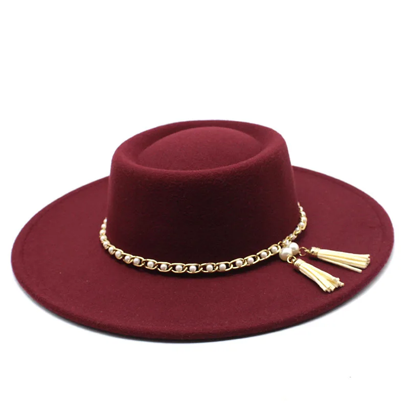 Summer Simple Dome Solid Color Wool Felt Jazz Fedora Hats with Pearl Chain Men Women Wide Brim Panama Trilby Cap Autumn winter