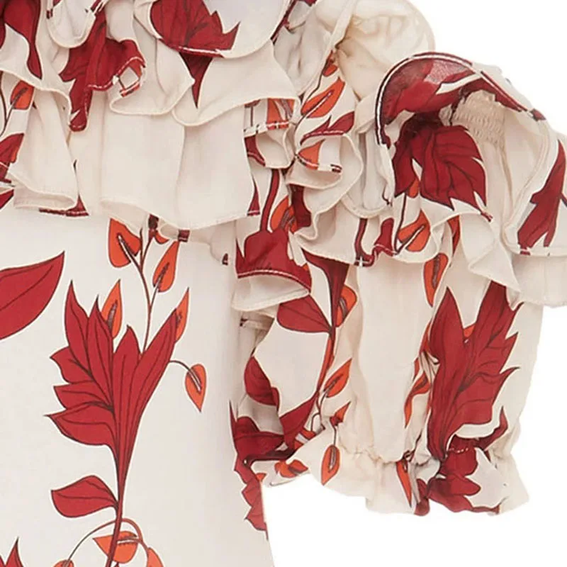 HIGH STREET New Summer 2026 Fashion Women\'s Elegant Cascading Ruffles Floral Print Slash Neck Beach Holiday Maxi Long Dress