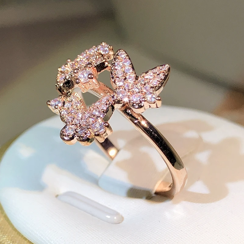 클래식 우아한 로즈 골드 3 나비 오픈 링, 925 스털링 실버, 여성 파티 외출 패션 주얼리 선물