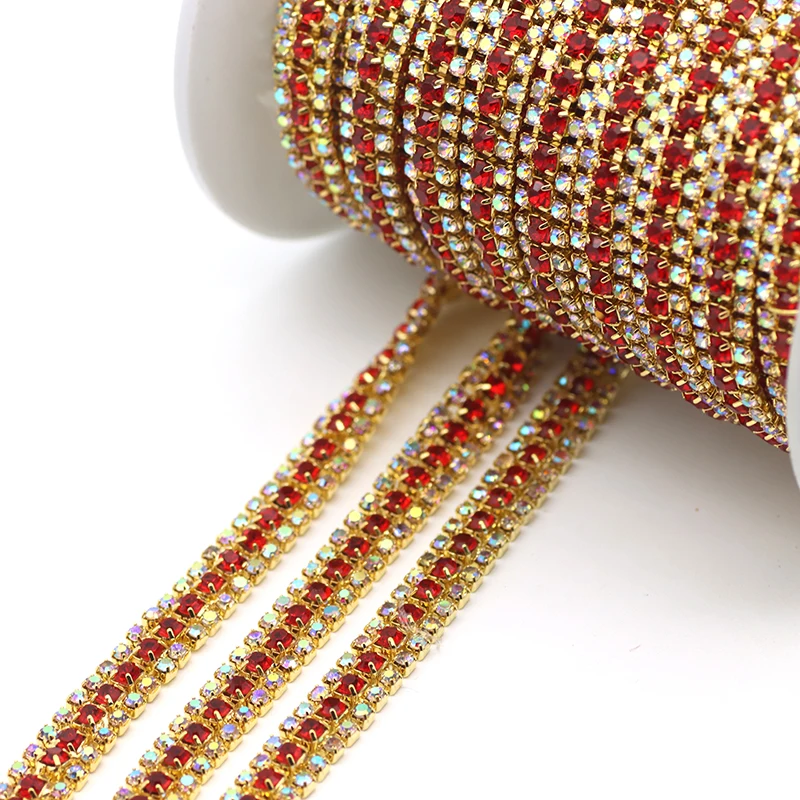 1 yard 3 Rows Crystal red AB Rhinestone Cup Chain Gold Base Sew on Rhinestone Trim for DIY Wedding Dress Bags cloth Decoration