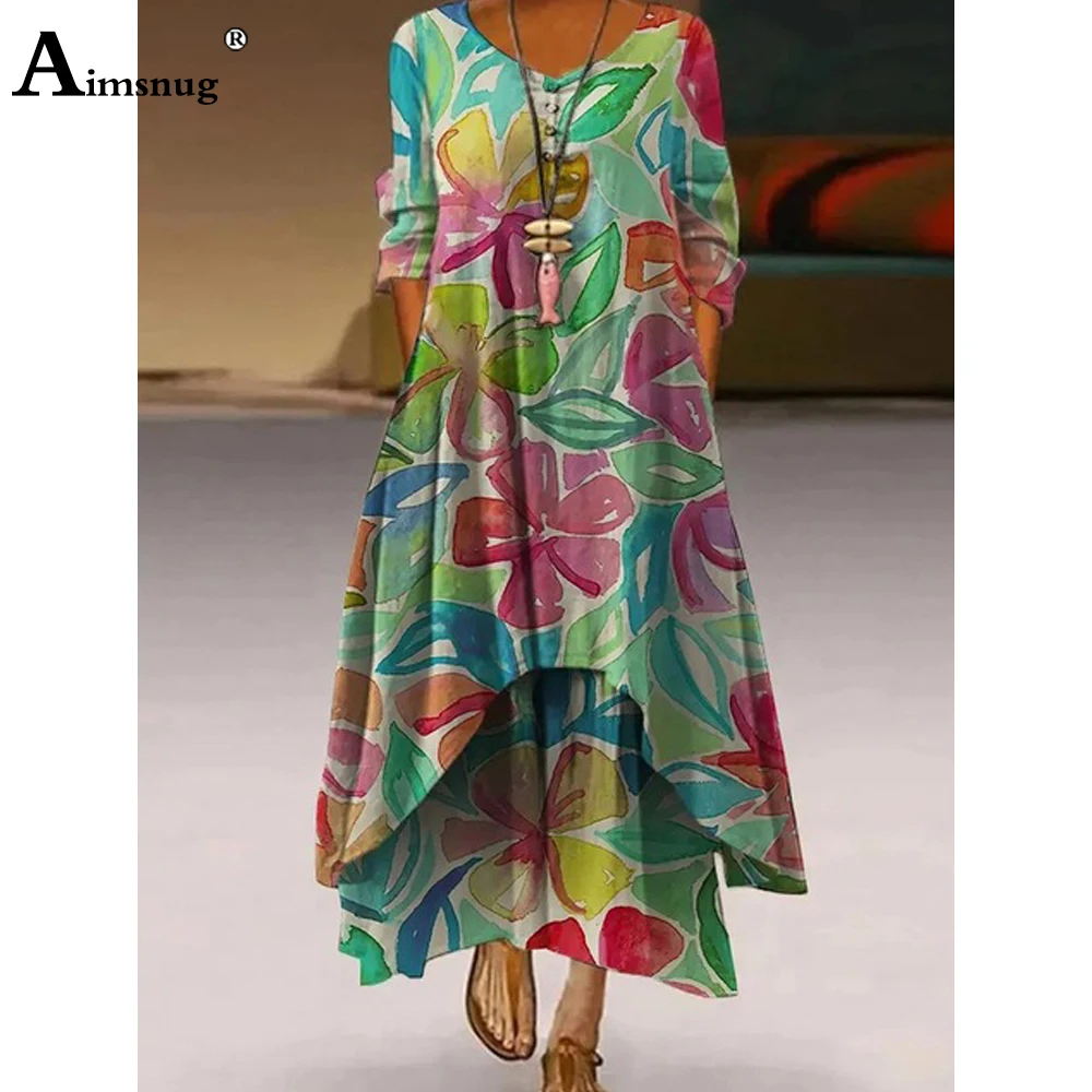 Mulheres Elegante Moda Longo Maxi Dress 2023 Verão Boho Flower Print Party Dresses Sexy Vintage A-line Dress Vestuário Tamanho S-4XL