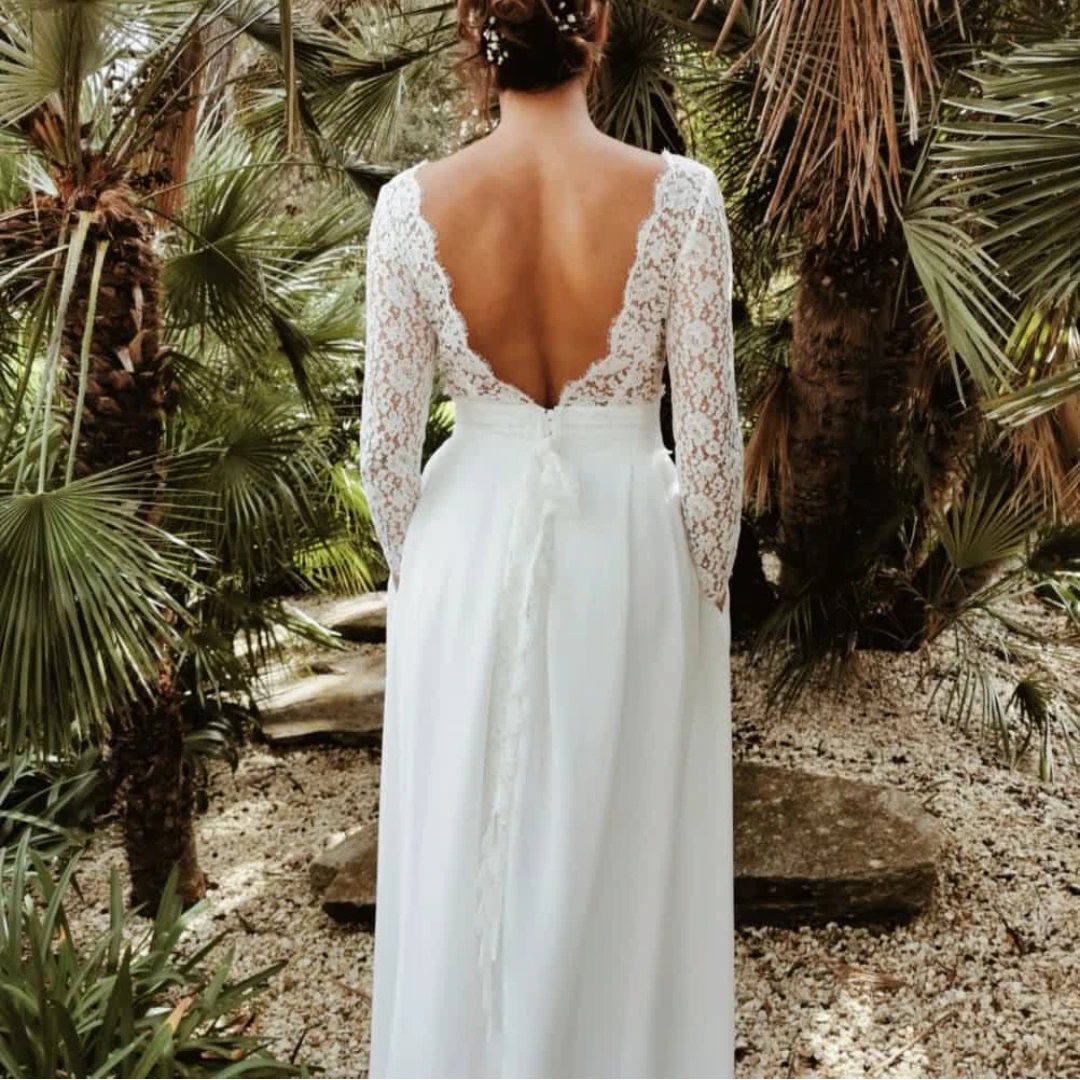 Robe De mariée en mousseline De soie, style Boho, ligne a, col en v, dos nu, manches longues, Simple, dentelle douce, poche, élégante, charmante