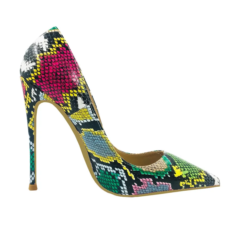 

Size 34-45 Colorful Snake Print Genuine Leather Sexy Shallow Stilettos High Heels Women Dress Party Shoes