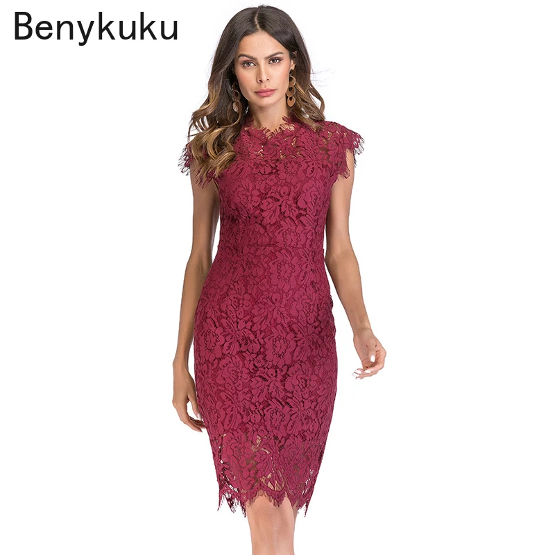 

Burgundy Vintage Bodycon Party Dress Sexy Summer Lace Dress Black Vestidos Elegant Hollow Out Robe Retro Sexy Sheath Slim Dress