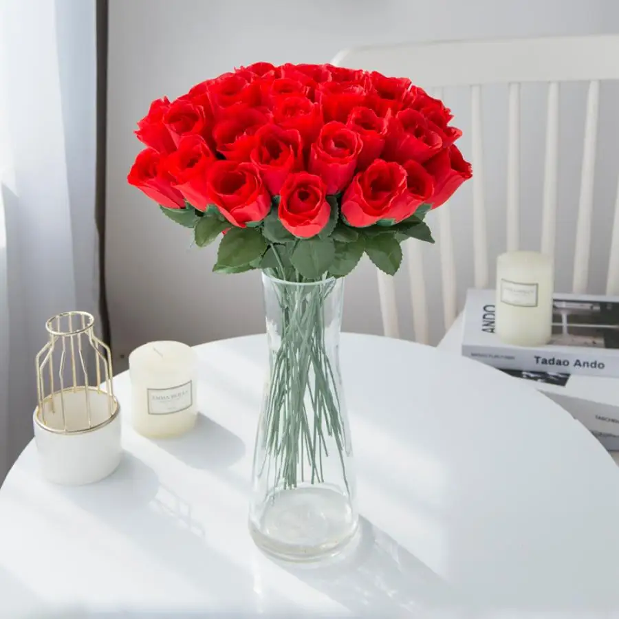 10PCS Red Silk Roses Bouquet Vase for Home Decor Garden Wedding Decorative Wreaths Fake Plant Wholesale Artificial Flowers Cheap