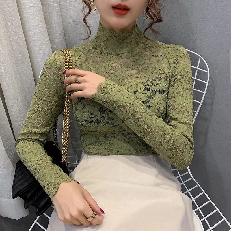 2020 Spring Autumn Women Sexy Blouse Female Half High Collar Bottoming Shirt Feminine Slim Lace Mesh Beauty Tops