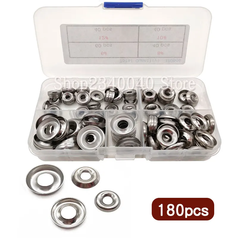 180pcs 304 Stainless Steel Countersunk Finishing Cup Washer Assortment kit 6#/8#/10#/12# Silver Gasket Cone Cup Conical Shim