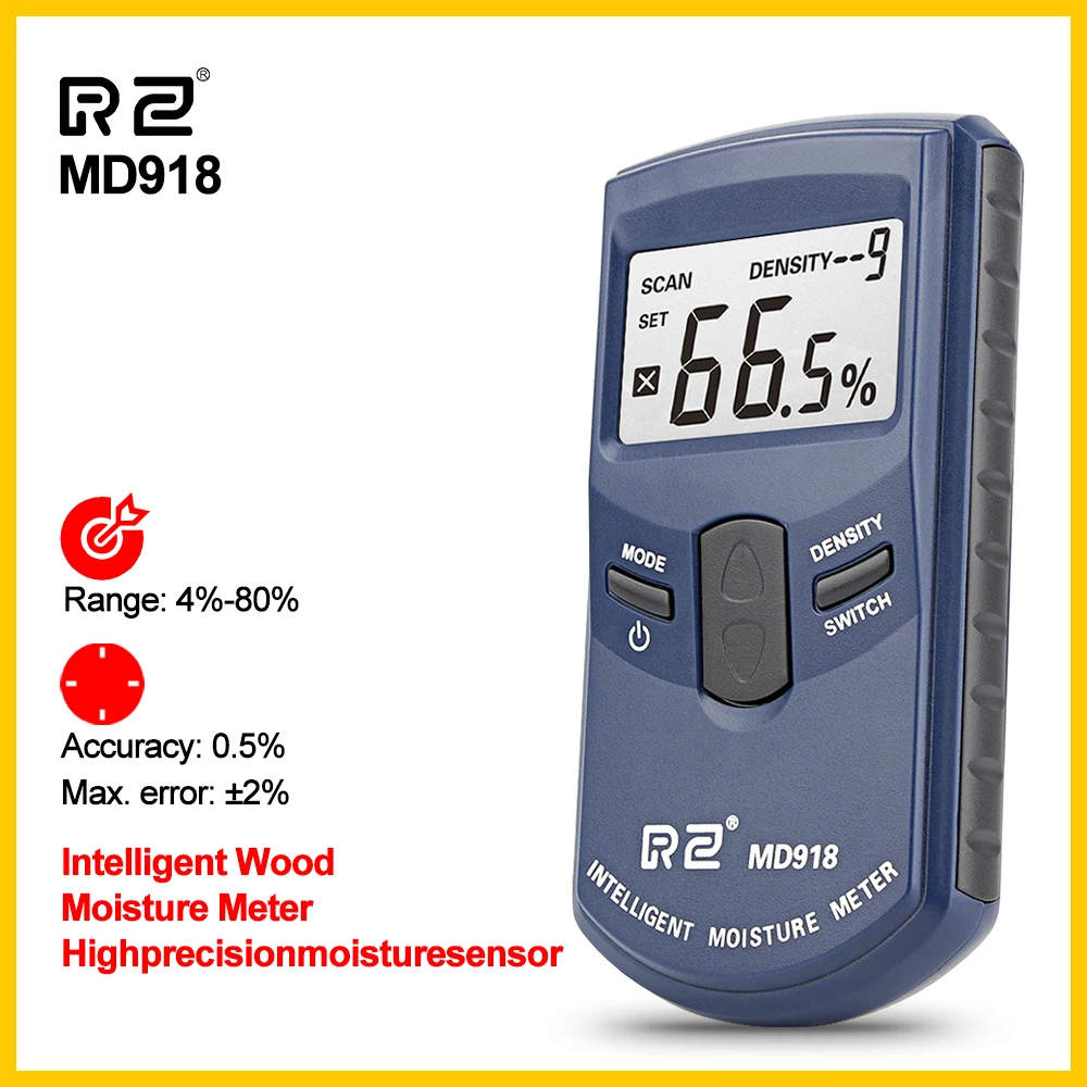 RZ Inductive Wood Timber Moisture Meter Hygrometer Timber Damp Detector Digital Moisture Meter for Wood 4~80% MD918-RZ