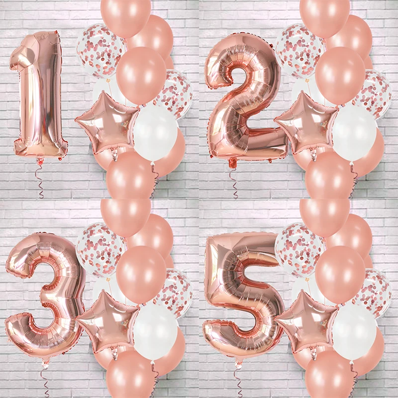 12pcs Rose Gold Number Foil Balloons Birthday Party Decoration Kids 1st First Baby Girl Princess 1 2 3 4 5 6 7 8 9 Years Old