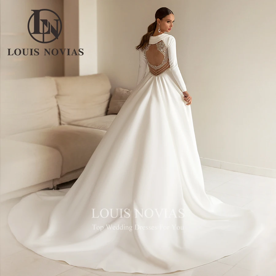 LOUIS NOVIAS ชุดแต่งงานแขนยาวผู้หญิง Backless ลูกปัดคริสตัล V คอชุดเจ้าสาวซาติน A-Line Vestidos De Novia