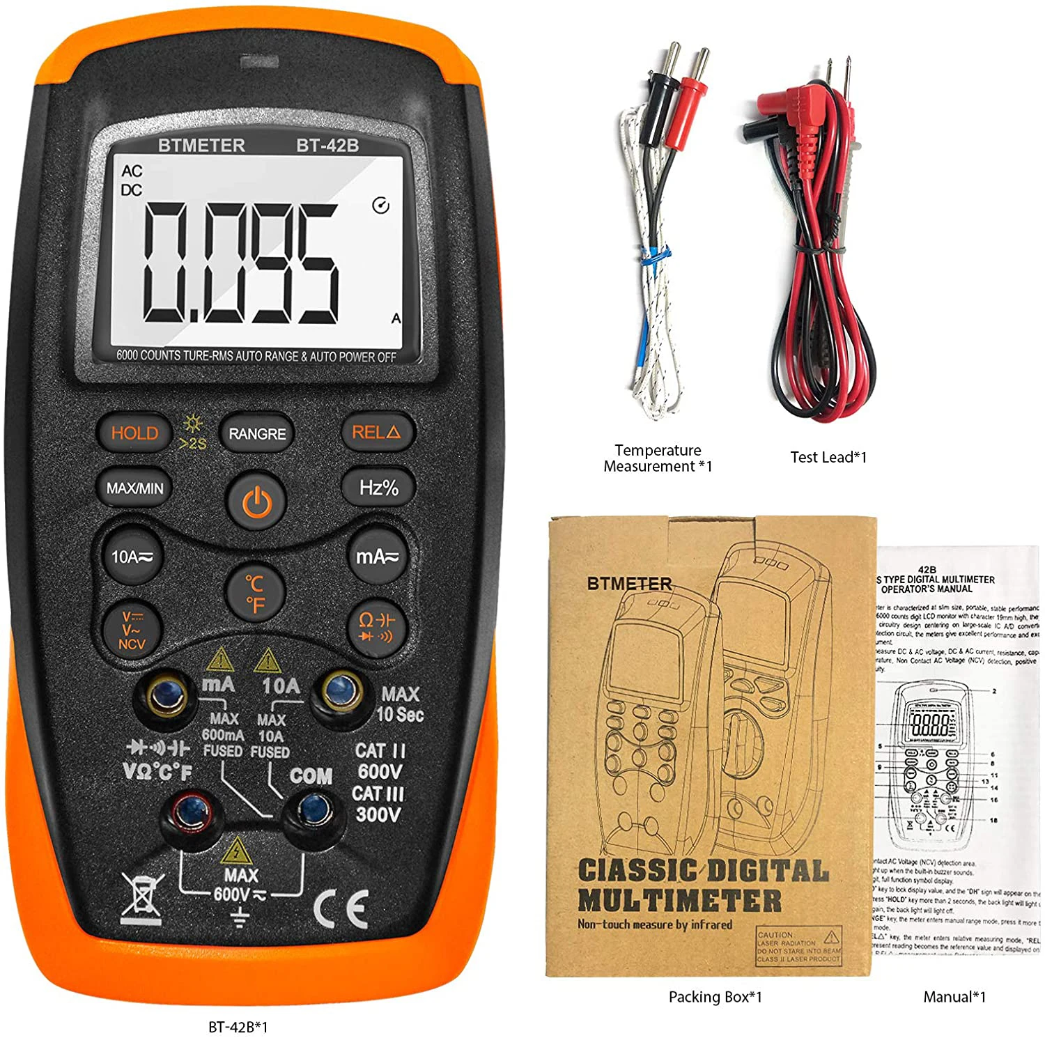 Digital Auto-Ranging Multimeter 6000 Counts for DC/AC Volt Resistance Temperature With Diode Test Continuity Buzzer \'C/\'F