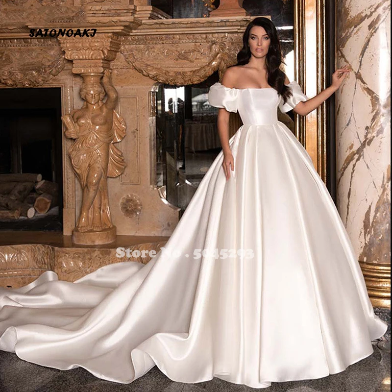 2024 elegante schulter freie Satin Brautkleider kurze geschwollene Ärmel A-Linie Prinzessin Brautkleid mit Zug Vestido de Novia