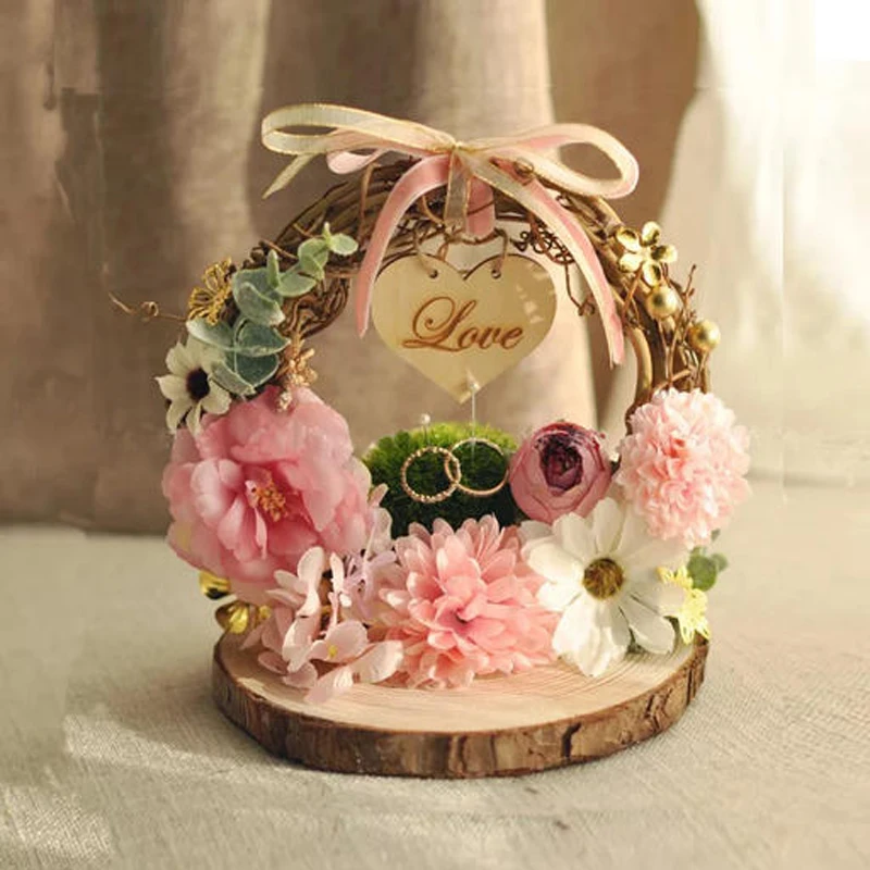 1pcs Wreath cushion engagement custom name double bearer rings box personalized Rustic Flower style Ring Pillow