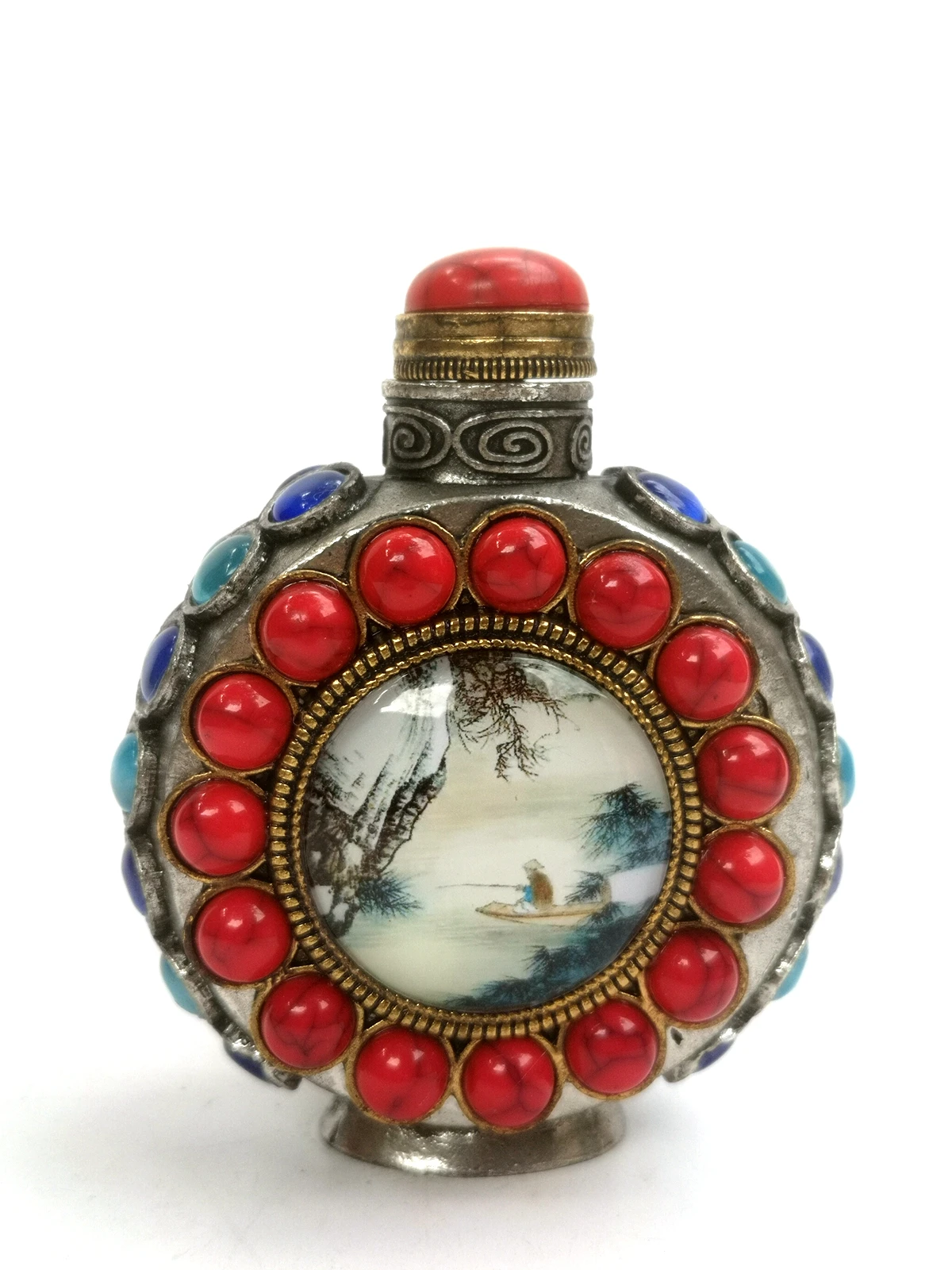 

YIZHU CULTUER ART Collection Old Chinese Tibet Silver Hand Inlay Jewelry Painting Landscape Snuff Bottle Decoration Gift