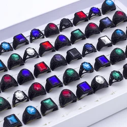 Wholesale Bulk Lot 20pcs Glass Gem Metal Black Not Fade Jewelry Rings For Men Women Mix Style