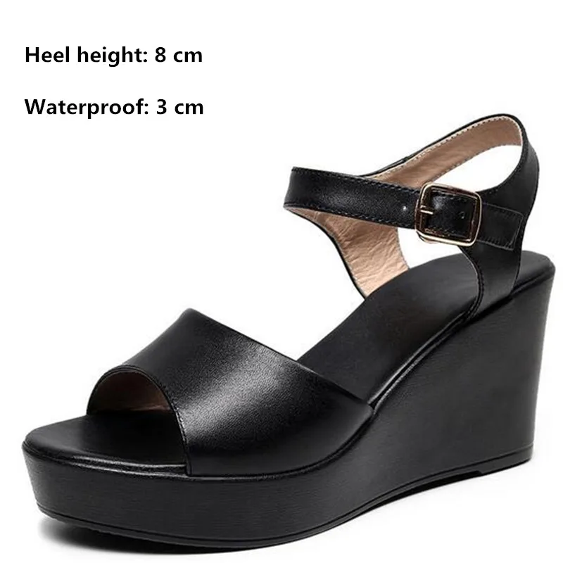 2024 New Black White Fish Mouth Genuine Leather Sandals Wedges Platform High Heeled Sandals 6 / 8 / 11 Cm Big Size Women Sandals