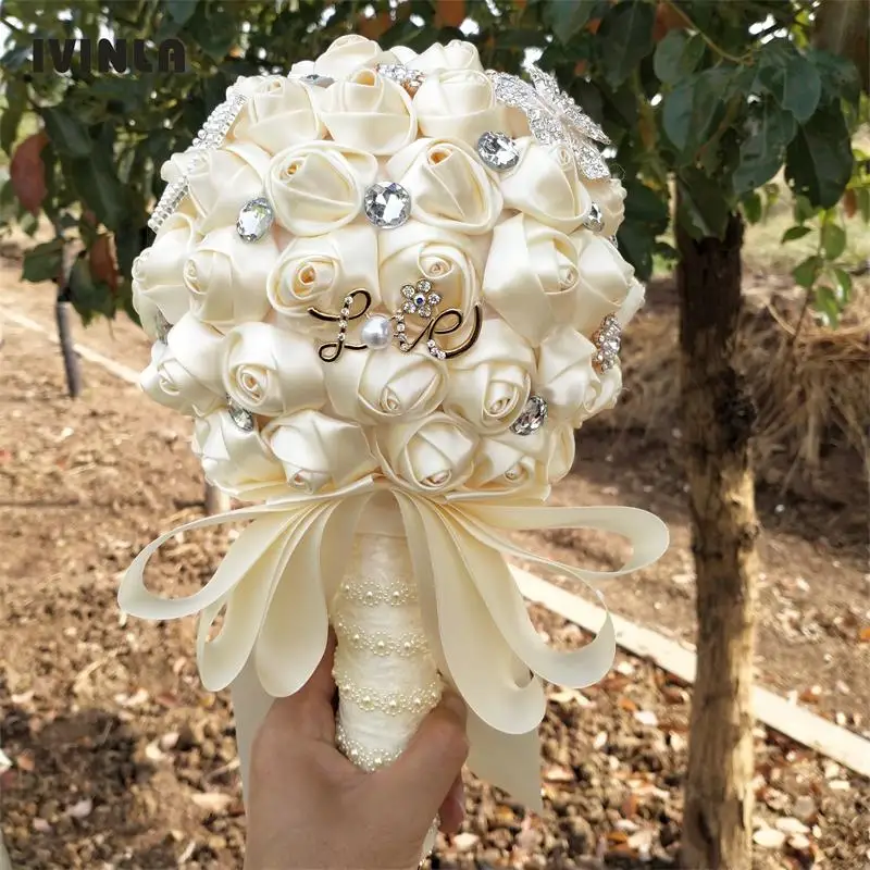 

9 colors Elegant Custom Ivory Bridal Wedding Bouquets Stunning Pearls Beaded Crystal Brooch Stitch Wedding Bouquets