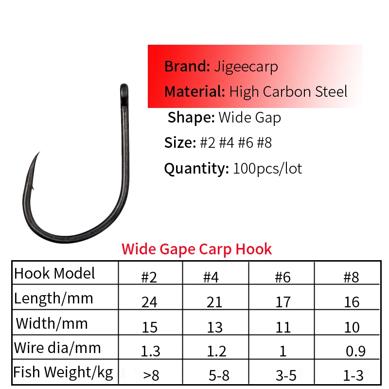 100pcs Fishing Hooks Carp Bait Boilies Fishhook Coated High Carbon Steel Hooks Wide Gape Barbed Hooks  Carp Hair Rig Chod Tackle