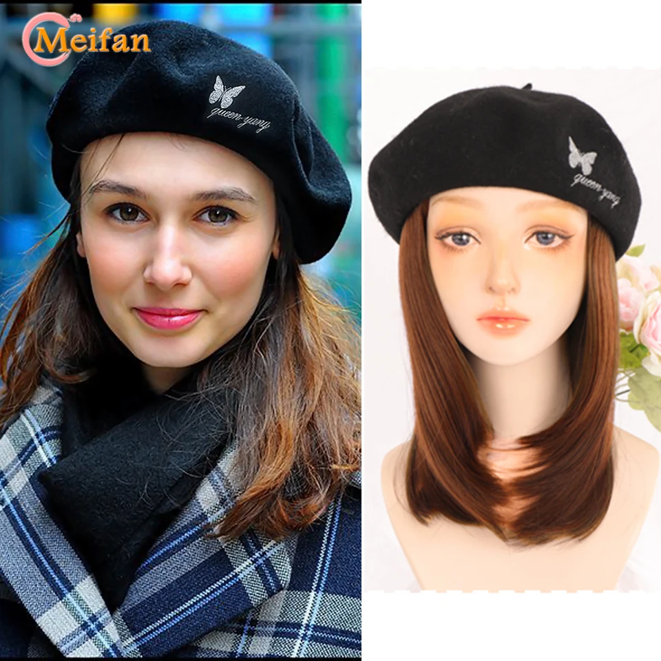 MEIFAN Synthetic Hair Short Beret Hat Wigs For Women with Black Beret Naturally Connect False Hairpieces Party Hat Wig Extension