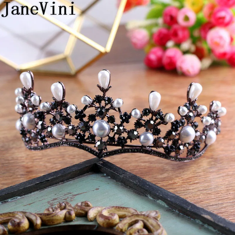 

JaneVini Vintage Black Bridal Tiara with Pearls Wedding Crystal Tiara Crown Bride Headbands Baroque Women Prom Hair Ornaments