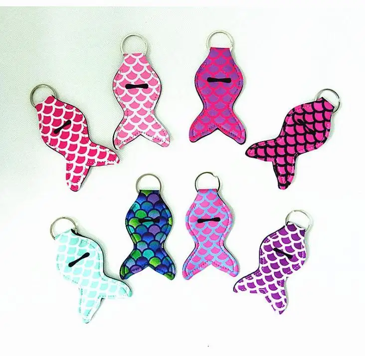 

1000pcs/lot Free Shipping 8 Colors Mixed High Quality Personalized Mermaid Neoprene Chapstick Holder Keychain Wholesale