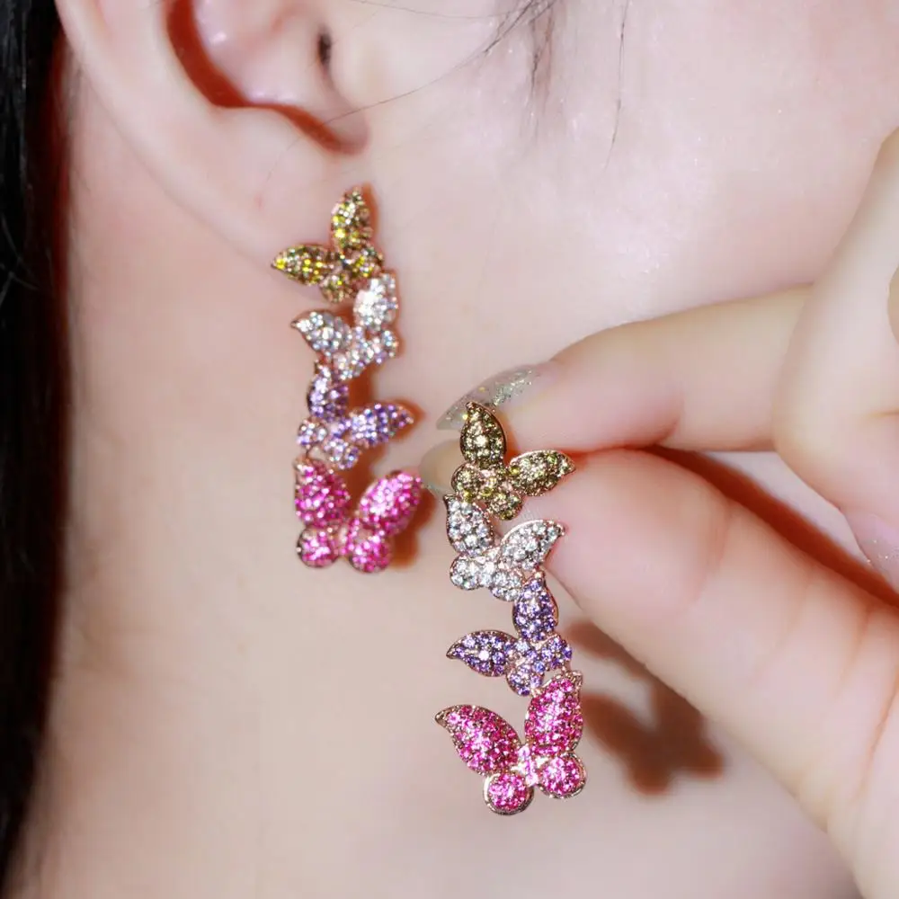 Pera romántico Multicolor mariposa cuelga rojo CZ circón largo 585 Color oro rosa pendientes colgantes marca de moda joyería de mujer E621