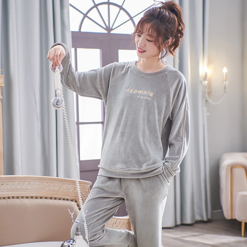 Nữ Cổ Tròn Bộ Đồ Ngủ Bộ Đảo Nỉ Tay Dài Thu Đông Bộ Pyjama Rời Nữ Nhà Bộ Chữ Đồ Ngủ Ngọn + quần 2Pc