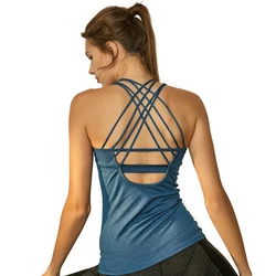 Fitness biustonosz topy dla kobiet joga koszule damskie paski krzyżowe Nylon Stretch Jogging Femme trening Top bez rękawów Sport T-Shirt