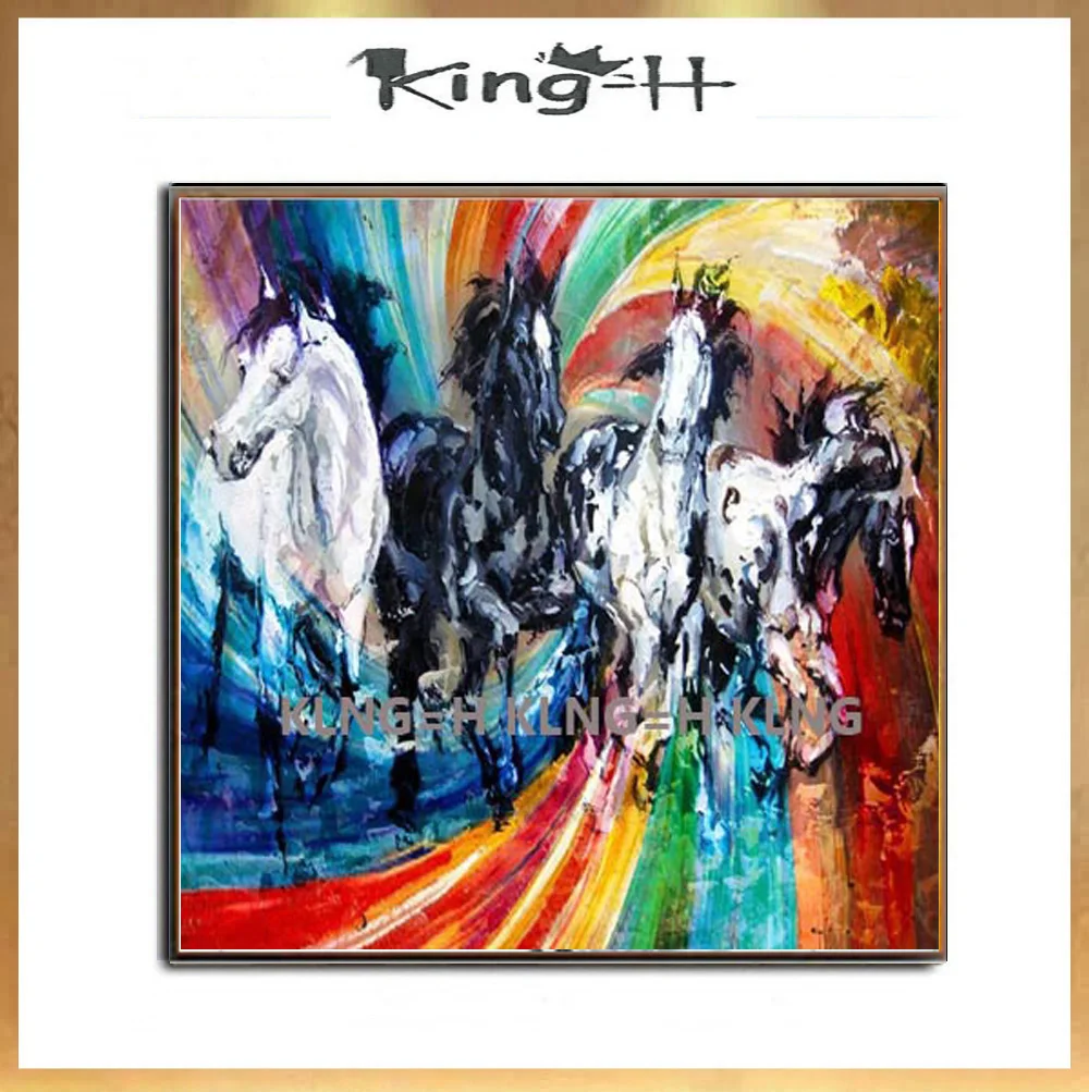 

Hand-painted oil painting horses energizes the colorful knife painting abstract decorated clubhouse office conference room