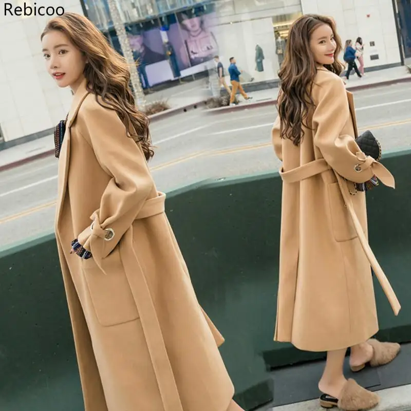 

Autumn/winter New Women's Casual wool blend trench coat oversize Cashmere Coats Cardigan Long coat with belt