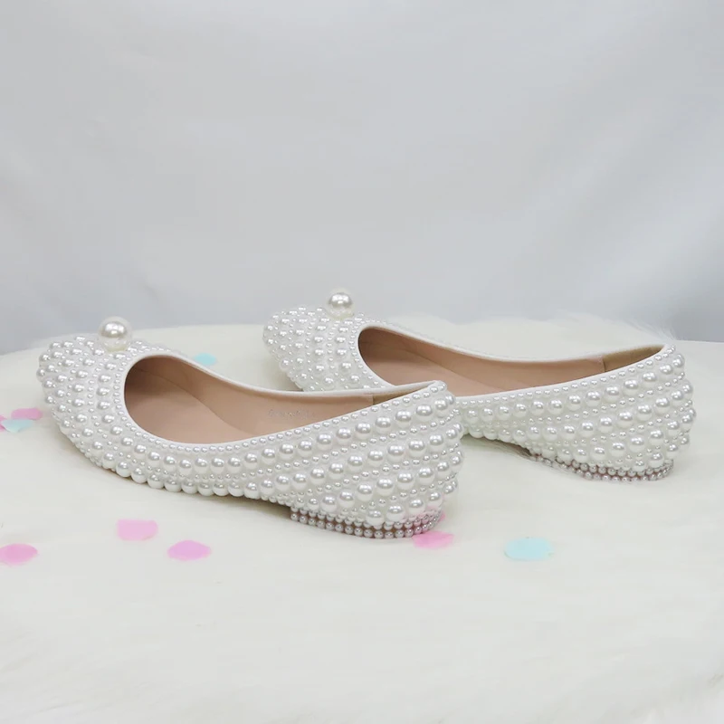 BaoYaFang New Arrive White Pearl Wedding Flat Shoes With Matching Bag Bride Pointed Toe Party Dress Shoes Woman Big Size Flat