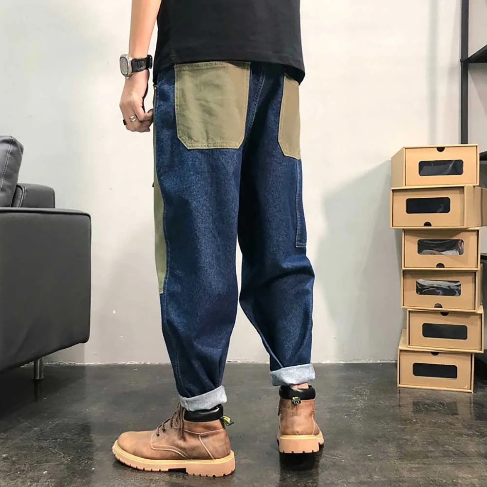 Retro Patchwork Baggy Jeans Men Casual Harem Trousers Streetwear Denim Overalls Japanese Style Pants