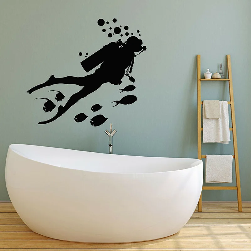 Scuba Diving Vinyl Sticker Diver Fishes Bubbles Underwater Art Wall Stickers Marine Theme Bedroom Bathroom Home Decor 2106