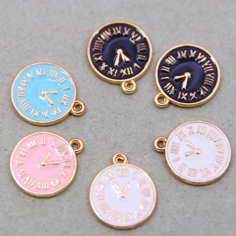 6PCS/Lot 15*17mm Fashion Small Clock Shape Charms  Gold Color Tone Enamel DIY Bracelet Floating Charms