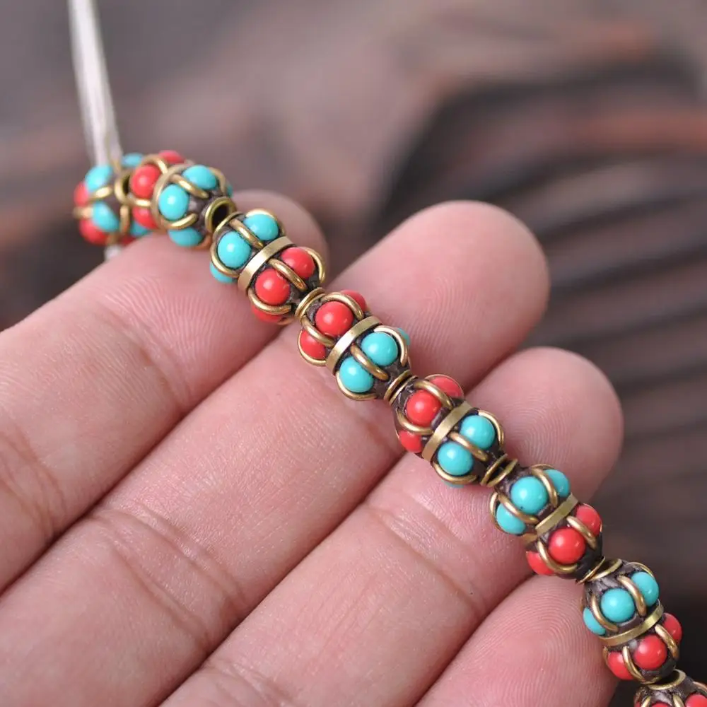 8.5x11.5mm Handmade Nepalese Buddhist Tibetan Brass Metal & Clay Loose Craft Beads for Necklace Jewelry Making DIY