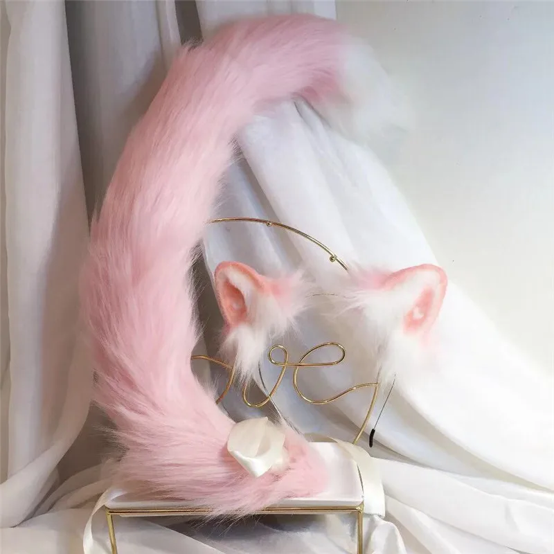 Handmade Work New Pink Cat Ears Hairhoop Tail Headwear Beast Cosplay Costume Accessories for Girl Women