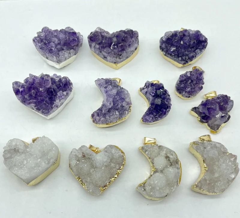 

Natural Gem Stone Quartz Crystal Amethyst Geode Heart Moon Pendant Charms For DIY Jewelry Making Necklaces Accessories 4Pcs
