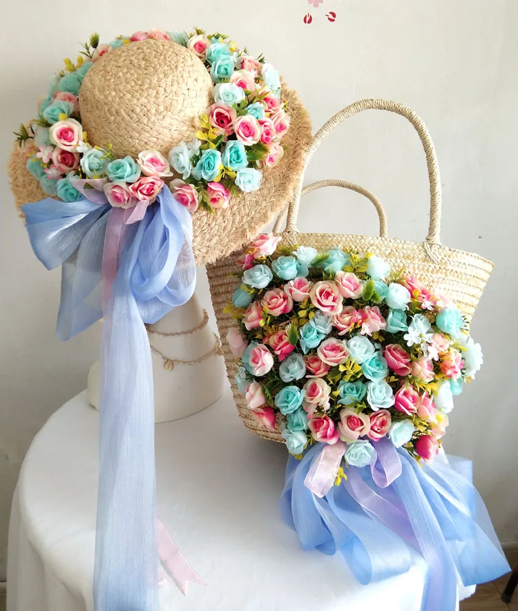 Women Fashion Summer Beach Rattan Bag Multicolor Flowers Long Scarves Elegant Lady Straw Handbag and Hat Suit Bohemia Style Tote
