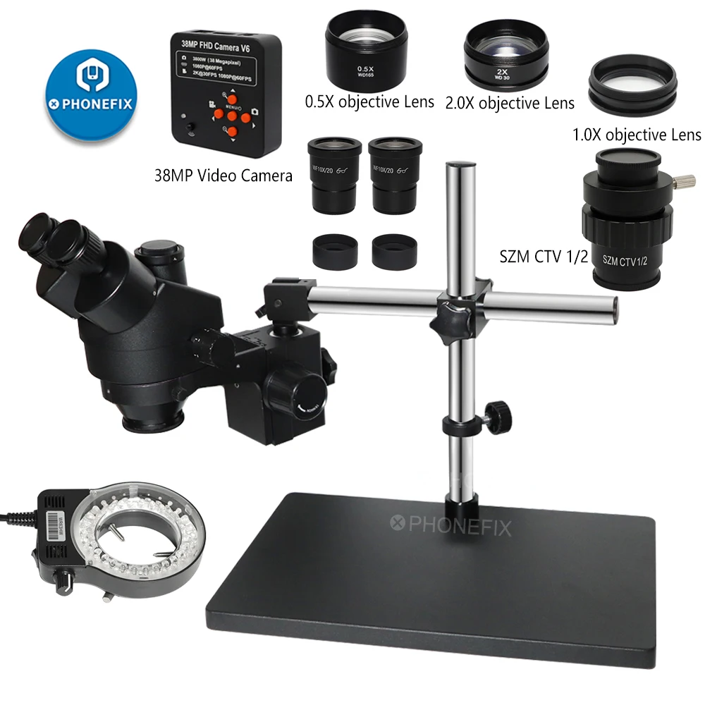 Nero 38MP HDMI Digital USB Microscopio Camera 3.5X-90X Microscopio Stereo trinoculare simul-focale saldatura PCB riparazione gioielli